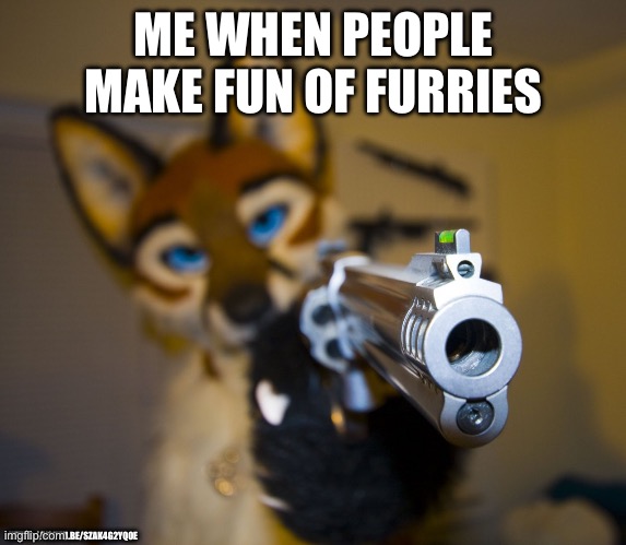 Go to link for furry discord link in video description | ME WHEN PEOPLE MAKE FUN OF FURRIES; HTTPS://YOUTU.BE/SZAK4G2YQOE | image tagged in furry with gun | made w/ Imgflip meme maker