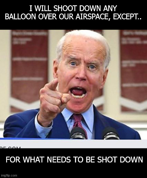 Ballopn Biden | I WILL SHOOT DOWN ANY BALLOON OVER OUR AIRSPACE, EXCEPT.. FOR WHAT NEEDS TO BE SHOT DOWN | image tagged in joe biden no malarkey | made w/ Imgflip meme maker