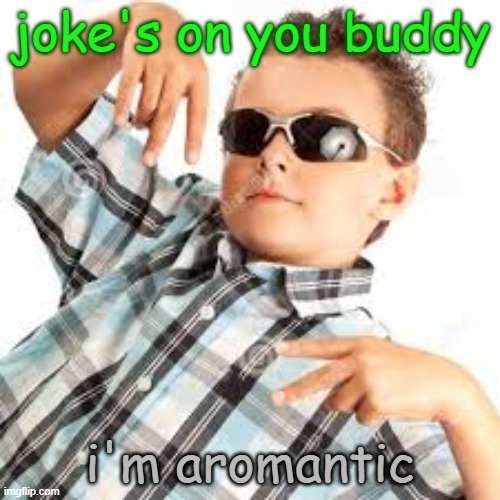 okay i thought this would be a funny reaction image but idk what to pair it with | joke's on you buddy; i'm aromantic | image tagged in cool kid sunglasses,aromantic,lgbtq,reaction | made w/ Imgflip meme maker