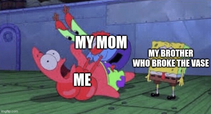 Mr. Krabs Choking Patrick | MY MOM; MY BROTHER WHO BROKE THE VASE; ME | image tagged in mr krabs choking patrick | made w/ Imgflip meme maker