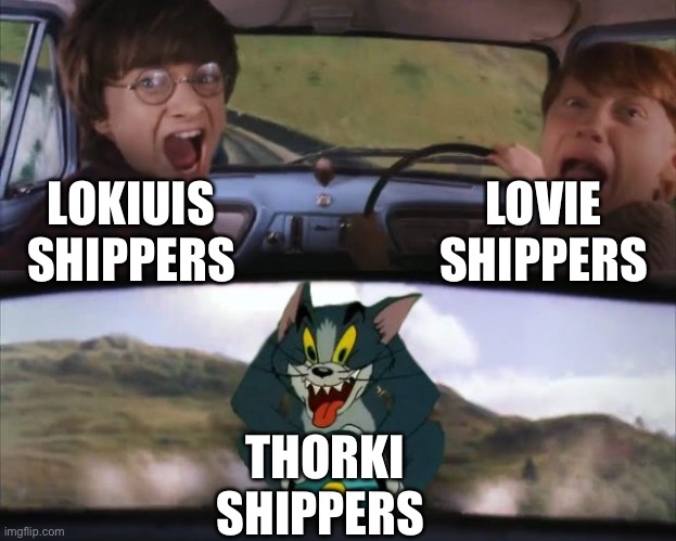 Who does this? | LOVIE SHIPPERS; LOKIUIS SHIPPERS; THORKI SHIPPERS | image tagged in tom chasing harry and ron weasly | made w/ Imgflip meme maker