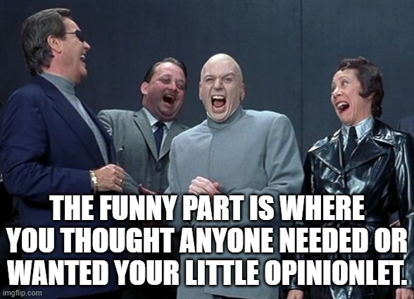 Laughing Villains | THE FUNNY PART IS WHERE YOU THOUGHT ANYONE NEEDED OR WANTED YOUR LITTLE OPINIONLET. | image tagged in memes,laughing villains | made w/ Imgflip meme maker