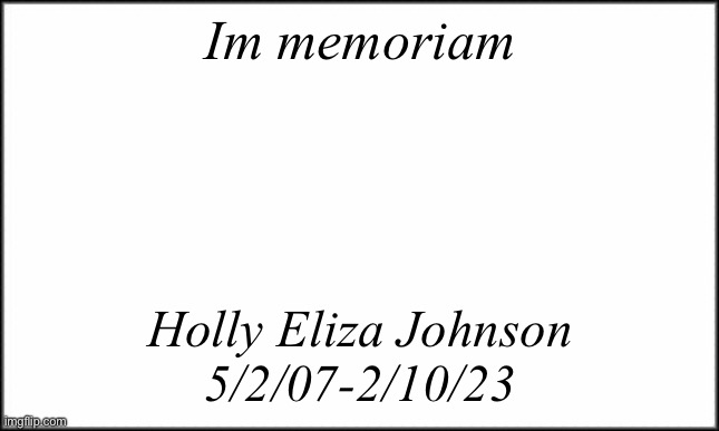 plain white | Im memoriam; Holly Eliza Johnson
5/2/07-2/10/23 | image tagged in plain white | made w/ Imgflip meme maker