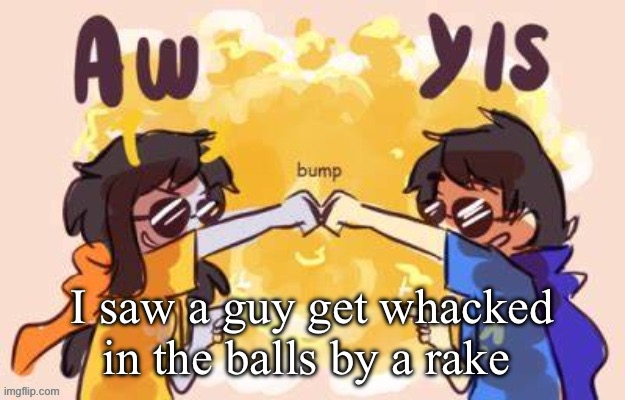 Prayers | I saw a guy get whacked in the balls by a rake | image tagged in vriska and john fist bump | made w/ Imgflip meme maker