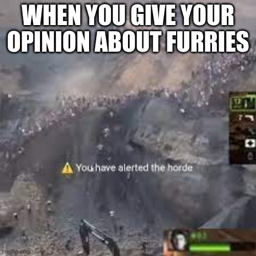 Tell me what game this is from and you will get cookie | WHEN YOU GIVE YOUR OPINION ABOUT FURRIES | image tagged in you have alerted the horde left for dead | made w/ Imgflip meme maker