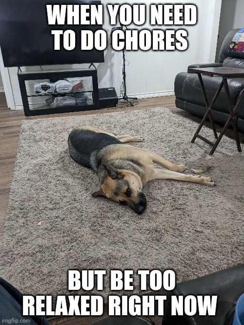 Too relax to do chores | WHEN YOU NEED TO DO CHORES; BUT BE TOO RELAXED RIGHT NOW | made w/ Imgflip meme maker