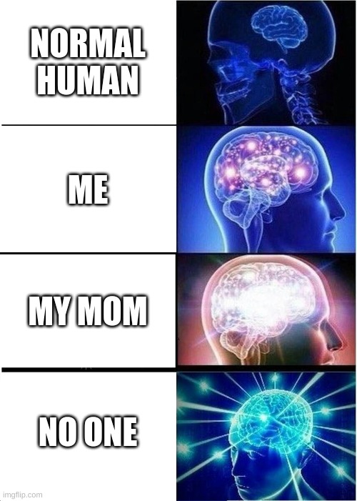 Expanding Brain Meme | NORMAL HUMAN; ME; MY MOM; NO ONE | image tagged in memes,expanding brain | made w/ Imgflip meme maker