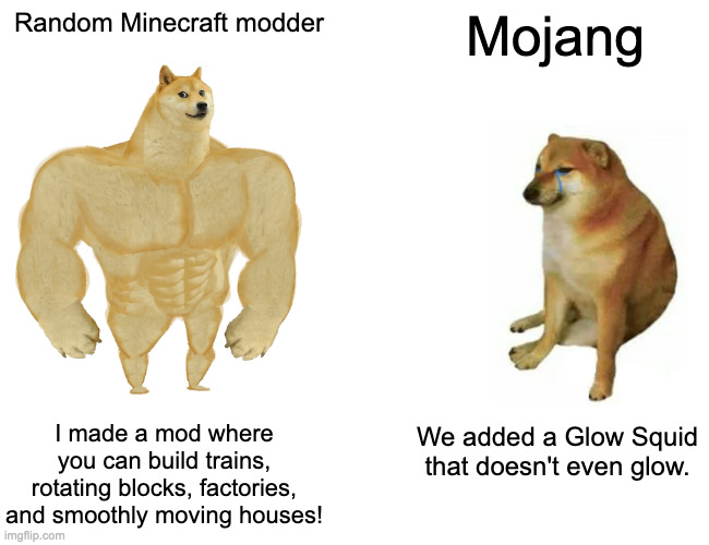 The owners of Minecraft have nothing compared to random modders | Random Minecraft modder; Mojang; I made a mod where you can build trains, rotating blocks, factories, and smoothly moving houses! We added a Glow Squid that doesn't even glow. | image tagged in memes,buff doge vs cheems,true story,minecraft,funny,minecraft memes | made w/ Imgflip meme maker