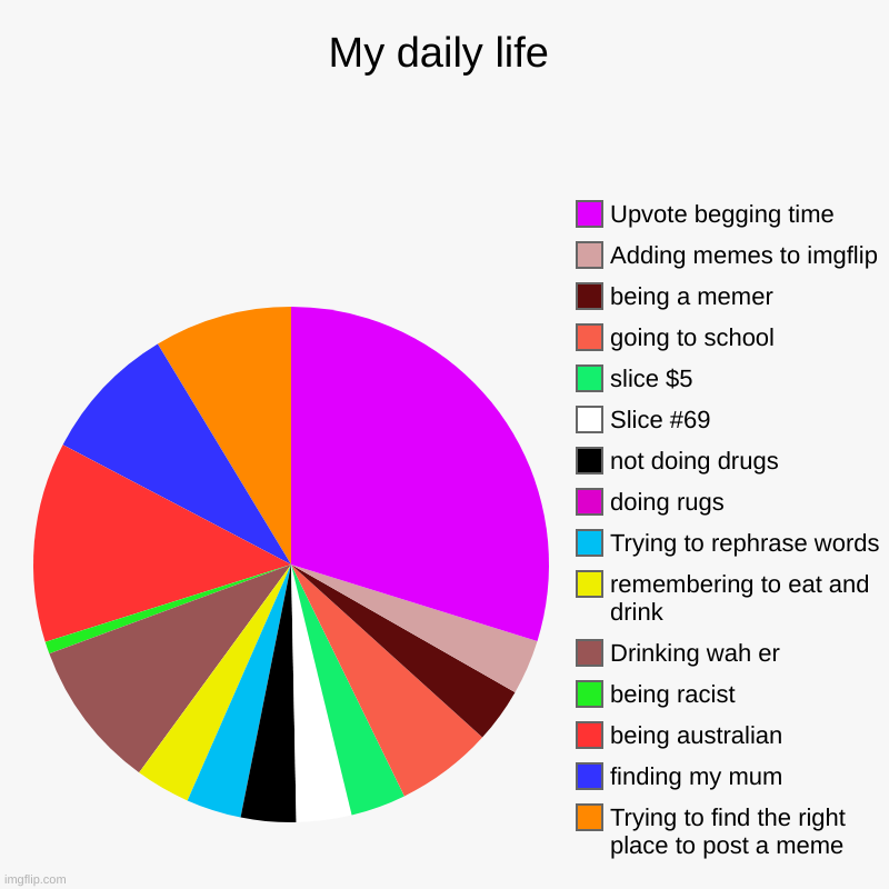 My daily life | Trying to find the right place to post a meme, finding my mum, being australian, being racist, Drinking wah er, remembering  | image tagged in charts,pie charts | made w/ Imgflip chart maker