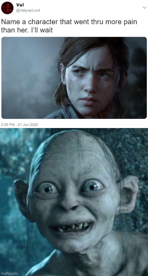 image tagged in name a character that went thru more pain than her i'll wait,memes,gollum | made w/ Imgflip meme maker