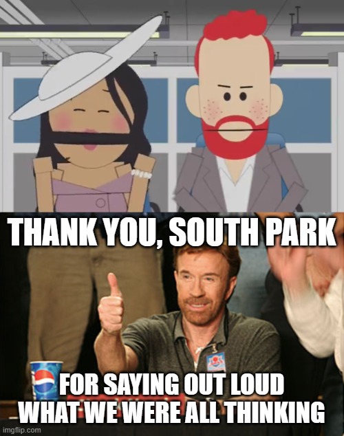 THANK YOU, SOUTH PARK; FOR SAYING OUT LOUD WHAT WE WERE ALL THINKING | image tagged in memes,chuck norris approves | made w/ Imgflip meme maker
