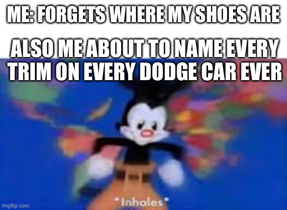I know everything about cars (especially dodge) | ME: FORGETS WHERE MY SHOES ARE; ALSO ME ABOUT TO NAME EVERY TRIM ON EVERY DODGE CAR EVER | image tagged in yakko inhale | made w/ Imgflip meme maker