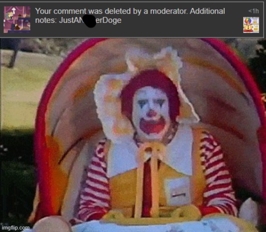 Bro he be Mod Abusing and saying N Wodr | image tagged in ronald mcdonald in a stroller,memes,imgflip,mod,abuse,wtf | made w/ Imgflip meme maker