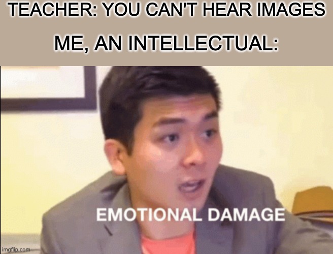 I can still hear it... | TEACHER: YOU CAN'T HEAR IMAGES; ME, AN INTELLECTUAL: | image tagged in memes,funny,emotional damage | made w/ Imgflip meme maker