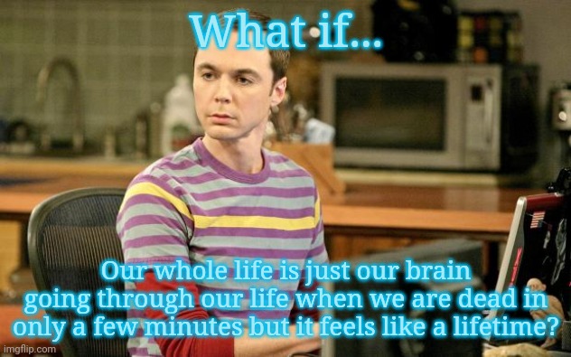 Sheldon Big Bang Theory  | What if... Our whole life is just our brain going through our life when we are dead in only a few minutes but it feels like a lifetime? | image tagged in sheldon big bang theory | made w/ Imgflip meme maker
