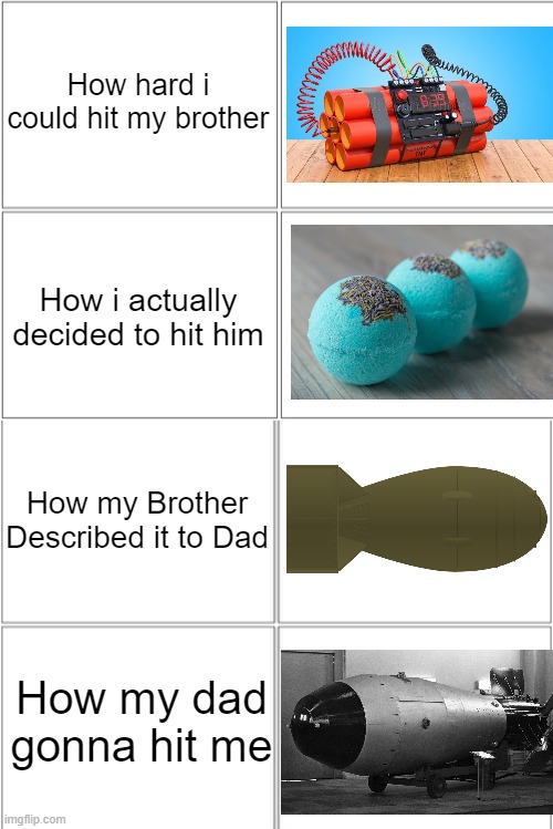 Looks like my Dad is gonna nuke me now | How hard i could hit my brother; How i actually decided to hit him; How my Brother Described it to Dad; How my dad gonna hit me | image tagged in blank comic panel 2x4,bomb,memes,nuclear bomb,dad,brothers | made w/ Imgflip meme maker