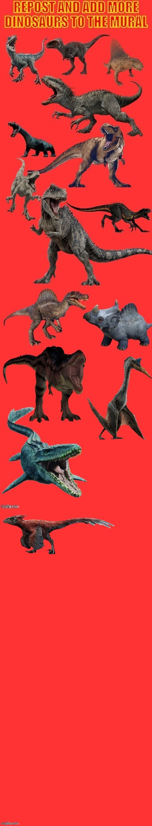 Repost and add more dinosaurs to the mural | image tagged in jurassic park,pyroraptor | made w/ Imgflip meme maker