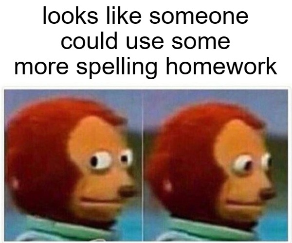 Monkey Puppet Meme | looks like someone could use some more spelling homework | image tagged in memes,monkey puppet | made w/ Imgflip meme maker