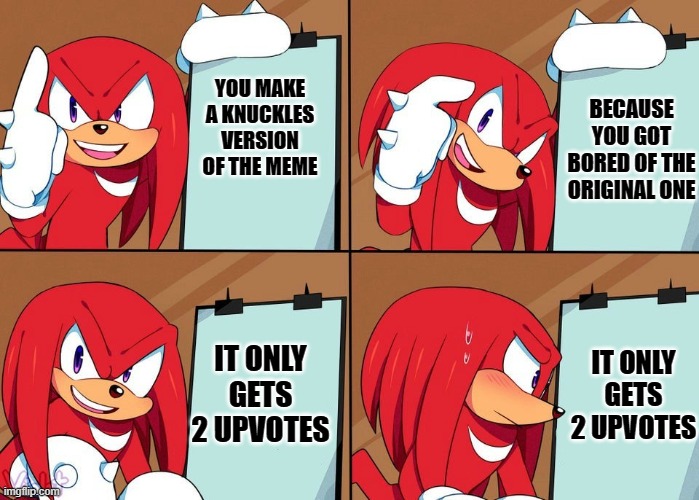 knuckles gets 2 upvotes | YOU MAKE A KNUCKLES VERSION OF THE MEME; BECAUSE YOU GOT BORED OF THE ORIGINAL ONE; IT ONLY GETS 2 UPVOTES; IT ONLY GETS 2 UPVOTES | image tagged in knuckles | made w/ Imgflip meme maker