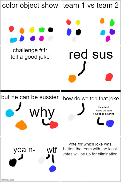 color object show 1a: black says the n wodr | color object show; team 1 vs team 2; challenge #1: tell a good joke; red sus; but he can be sussier; how do we top that joke; its a dead meme we don't have to do anything; why; vote for which joke was better, the team with the least votes will be up for elimination; yea n-; wtf | image tagged in memes,blank comic panel 2x2 | made w/ Imgflip meme maker