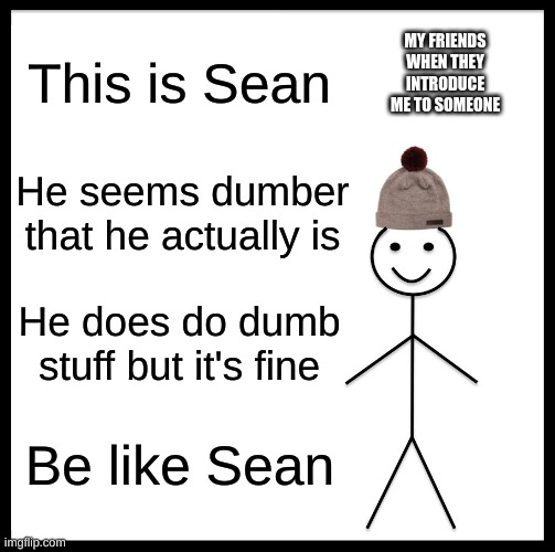 Should I change My friends? | MY FRIENDS WHEN THEY INTRODUCE ME TO SOMEONE; This is Sean; He seems dumber that he actually is; He does do dumb stuff but it's fine; Be like Sean | image tagged in memes,be like bill | made w/ Imgflip meme maker