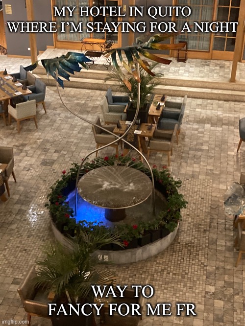 We’re 9300 feet above sea level btw | MY HOTEL IN QUITO WHERE I’M STAYING FOR A NIGHT; WAY TO FANCY FOR ME FR | made w/ Imgflip meme maker
