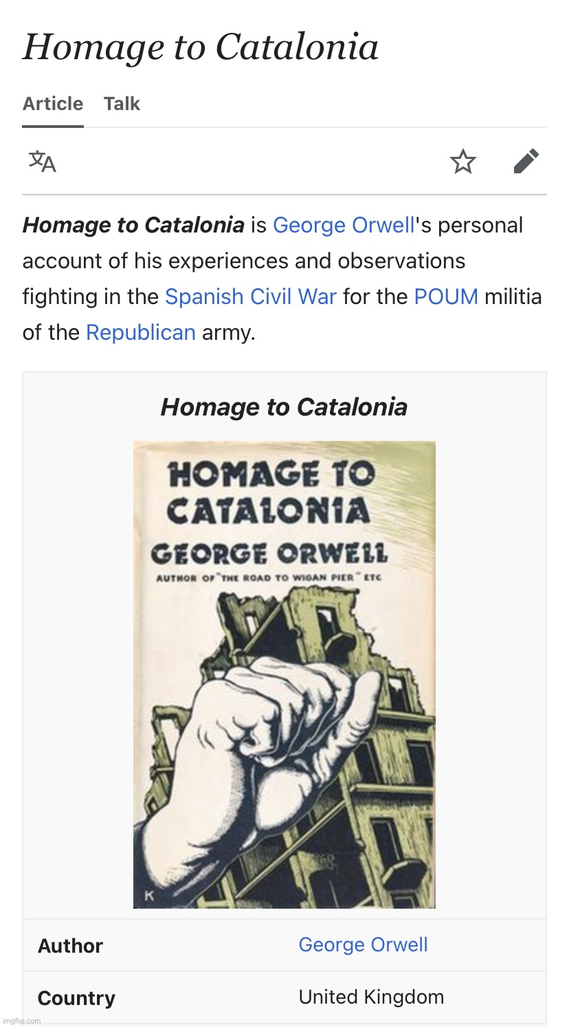 George Orwell Homage to Catalonia | image tagged in george orwell homage to catalonia | made w/ Imgflip meme maker