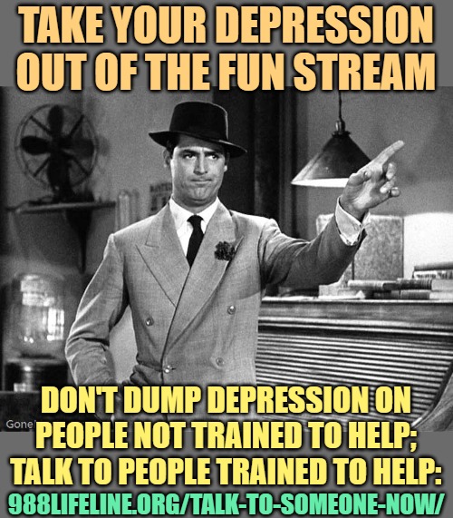 Get Out | TAKE YOUR DEPRESSION OUT OF THE FUN STREAM DON'T DUMP DEPRESSION ON PEOPLE NOT TRAINED TO HELP; TALK TO PEOPLE TRAINED TO HELP: 988LIFELINE. | image tagged in get out | made w/ Imgflip meme maker