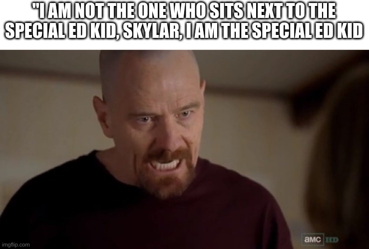 I am the one who knocks | "I AM NOT THE ONE WHO SITS NEXT TO THE SPECIAL ED KID, SKYLAR, I AM THE SPECIAL ED KID | image tagged in i am the one who knocks | made w/ Imgflip meme maker