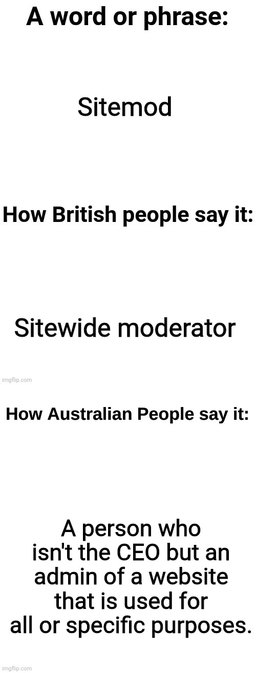 How australian people say it | Sitemod; Sitewide moderator; A person who isn't the CEO but an admin of a website that is used for all or specific purposes. | image tagged in how australian people say it | made w/ Imgflip meme maker