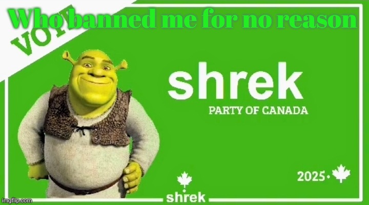 Can someone unban me | Who banned me for no reason | image tagged in 2025 shrek party canada yes this is real lol | made w/ Imgflip meme maker