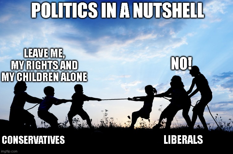 Tug of War | POLITICS IN A NUTSHELL; NO! LEAVE ME, MY RIGHTS AND MY CHILDREN ALONE; CONSERVATIVES; LIBERALS | image tagged in tug of war | made w/ Imgflip meme maker