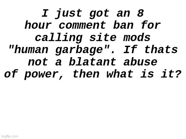 They marked it as "harassment" like bro what? | I just got an 8 hour comment ban for calling site mods "human garbage". If thats not a blatant abuse of power, then what is it? | made w/ Imgflip meme maker