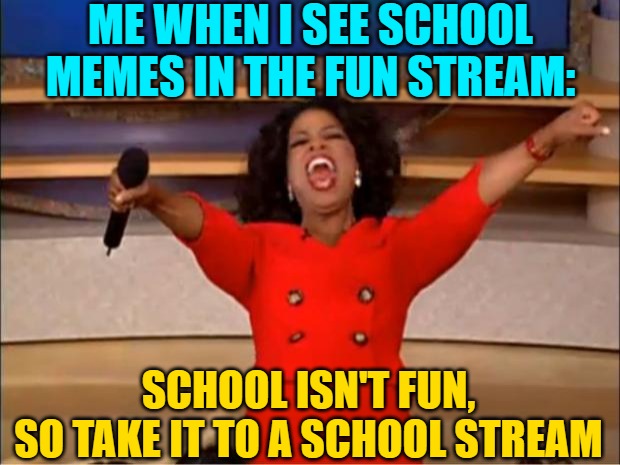 Oprah You Get A Meme | ME WHEN I SEE SCHOOL MEMES IN THE FUN STREAM: SCHOOL ISN'T FUN,
SO TAKE IT TO A SCHOOL STREAM | image tagged in memes,oprah you get a | made w/ Imgflip meme maker