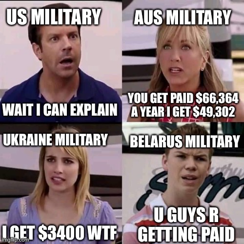 This is what happens when u fight on the wrong side | US MILITARY; AUS MILITARY; WAIT I CAN EXPLAIN; YOU GET PAID $66,364 A YEAR I GET $49,302; UKRAINE MILITARY; BELARUS MILITARY; I GET $3400 WTF; U GUYS R GETTING PAID | image tagged in we are the millers | made w/ Imgflip meme maker