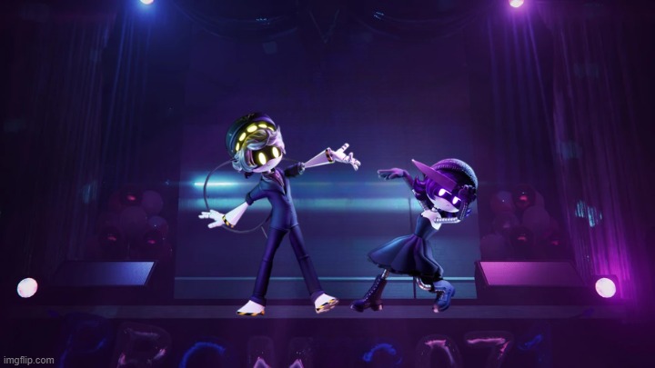 Uzi and N dancing on stage | image tagged in murder drones,uzi and n | made w/ Imgflip meme maker