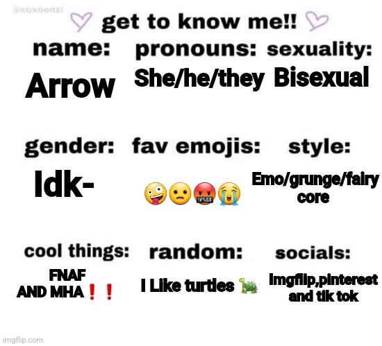 This took to long- | Bisexual; She/he/they; Arrow; Emo/grunge/fairy core; 🤪😦🤬😭; Idk-; FNAF AND MHA❗️❗️; Imgflip,pinterest and tik tok; I Like turtles 🐢 | image tagged in get to know me,lgbtq | made w/ Imgflip meme maker