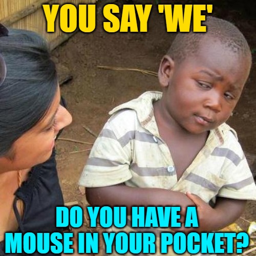 Third World Skeptical Kid Meme | YOU SAY 'WE' DO YOU HAVE A MOUSE IN YOUR POCKET? | image tagged in memes,third world skeptical kid | made w/ Imgflip meme maker