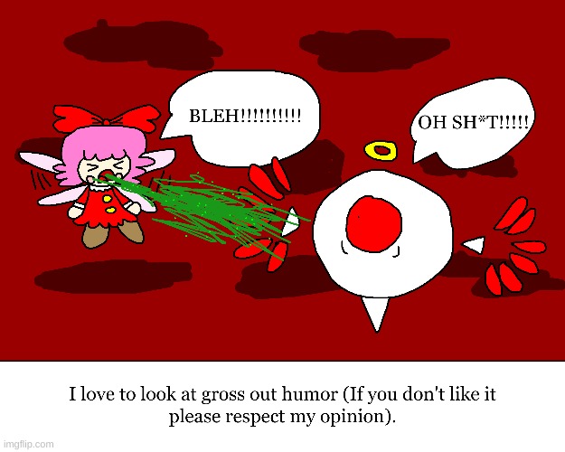 Ribbon's vomits on Zero2 | image tagged in kirby,vomit,cute,funny,gross,parody | made w/ Imgflip meme maker