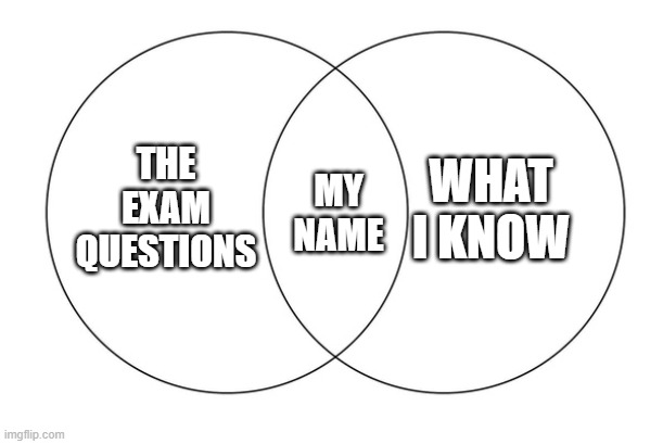 Yep, I am so ready. | WHAT I KNOW; THE EXAM QUESTIONS; MY NAME | image tagged in venn diagram,exams,school,funny,memes,school meme | made w/ Imgflip meme maker