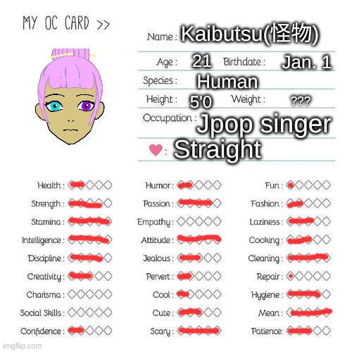 She changes hair colour a lot | Kaibutsu(怪物); 21; Jan. 1; Human; 5'0; ??? Jpop singer; Straight | image tagged in oc card template | made w/ Imgflip meme maker