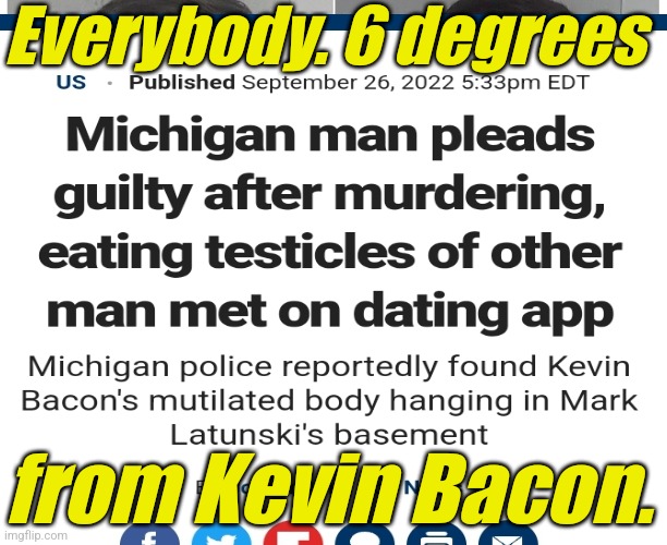 Kevin Bacon is DEAD !!! | Everybody. 6 degrees; from Kevin Bacon. | image tagged in lgbtq,liberals,democrats,blm,antifa,criminals | made w/ Imgflip meme maker