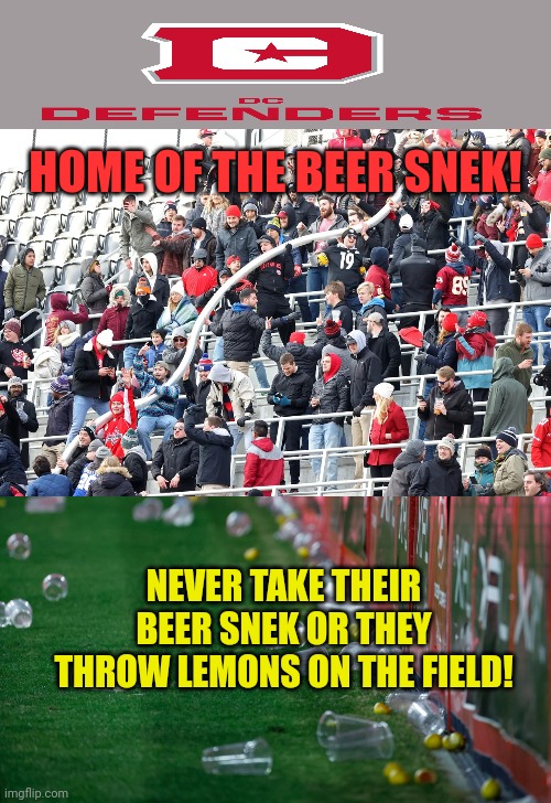 Don't touch our beer snake! | HOME OF THE BEER SNEK! NEVER TAKE THEIR BEER SNEK OR THEY THROW LEMONS ON THE FIELD! | image tagged in xfl,football,beer snake,awareness | made w/ Imgflip meme maker