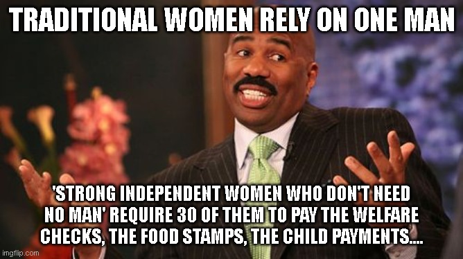 Steve Harvey | TRADITIONAL WOMEN RELY ON ONE MAN; 'STRONG INDEPENDENT WOMEN WHO DON'T NEED NO MAN' REQUIRE 30 OF THEM TO PAY THE WELFARE CHECKS, THE FOOD STAMPS, THE CHILD PAYMENTS.... | image tagged in memes,steve harvey | made w/ Imgflip meme maker