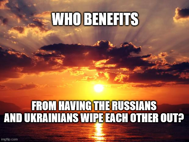 Sunset | WHO BENEFITS; FROM HAVING THE RUSSIANS AND UKRAINIANS WIPE EACH OTHER OUT? | image tagged in sunset | made w/ Imgflip meme maker