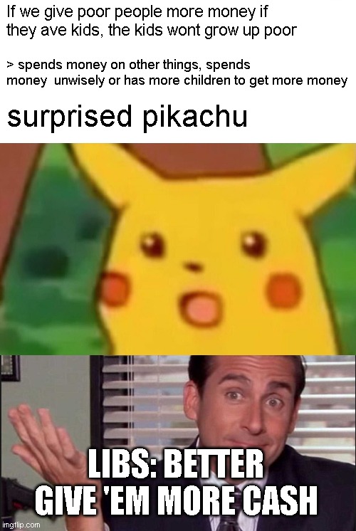 If we give poor people more money if they ave kids, the kids wont grow up poor; > spends money on other things, spends money  unwisely or has more children to get more money; surprised pikachu; LIBS: BETTER GIVE 'EM MORE CASH | image tagged in memes,surprised pikachu,michael scott | made w/ Imgflip meme maker