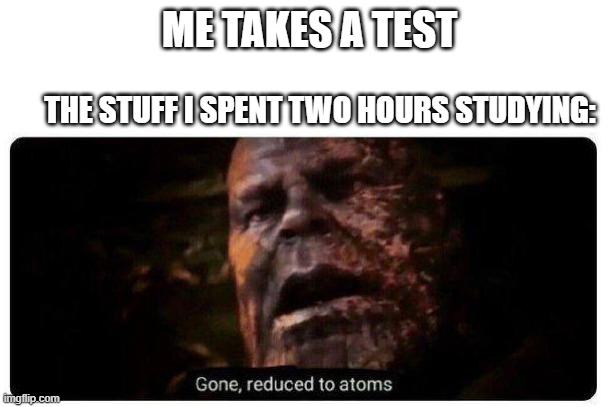 gone reduced to atoms | ME TAKES A TEST; THE STUFF I SPENT TWO HOURS STUDYING: | image tagged in gone reduced to atoms,memes | made w/ Imgflip meme maker