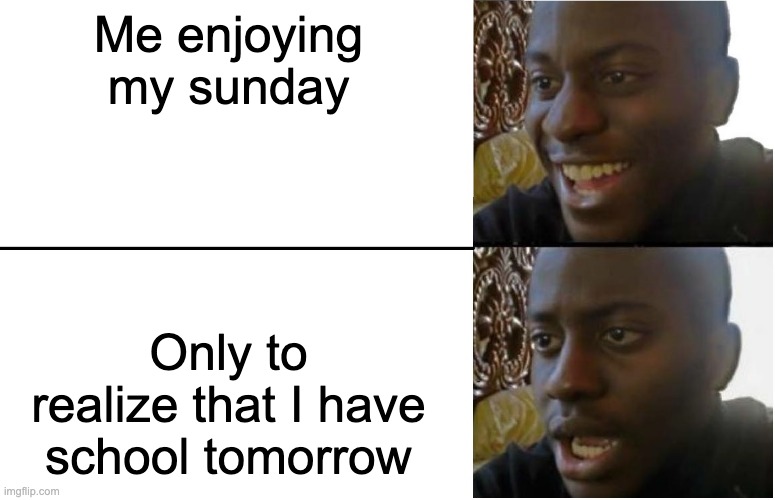 I swear to god it just makes your stomach drop | Me enjoying my sunday; Only to realize that I have school tomorrow | image tagged in disappointed black guy,funny because it's true,so true memes | made w/ Imgflip meme maker