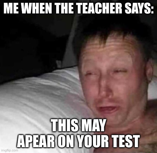 Sleepy guy | ME WHEN THE TEACHER SAYS:; THIS MAY APEAR ON YOUR TEST | image tagged in sleepy guy | made w/ Imgflip meme maker