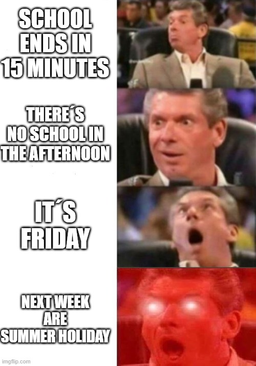 Mr. McMahon reaction | SCHOOL ENDS IN 15 MINUTES; THERE´S NO SCHOOL IN THE AFTERNOON; IT´S FRIDAY; NEXT WEEK ARE SUMMER HOLIDAY | image tagged in mr mcmahon reaction | made w/ Imgflip meme maker